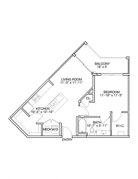 Floor plan for 1 bed, 1 bath, 745 sqft